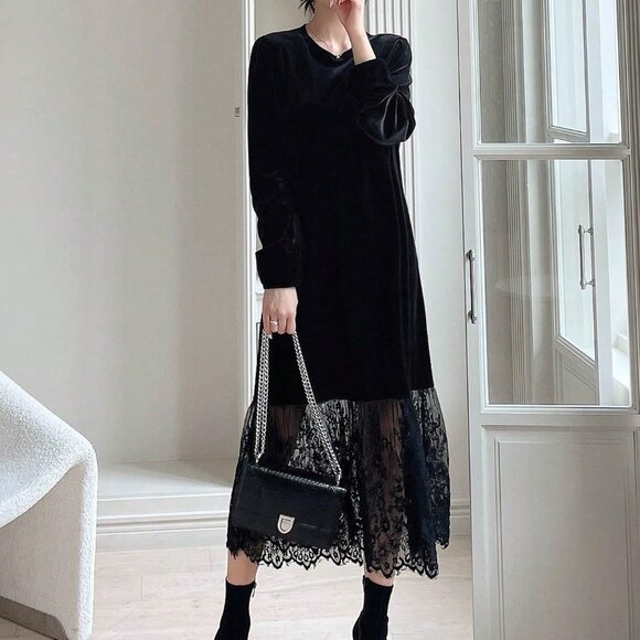Black Elegant Women's Contrast Lace Hem Velvet Dress - Picture 5 of 7
